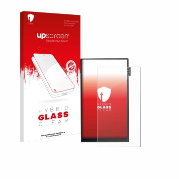 Parte frontal de un envase de producto con el logotipo de la marca upscreen. Al lado se muestra el dispositivo iBasso DX180 co