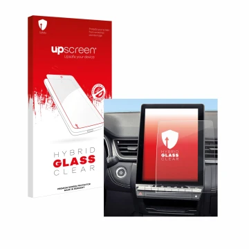 Parte frontal de un envase de producto con el logotipo de la marca upscreen. Al lado se muestra el dispositivo Renault Symbioz
