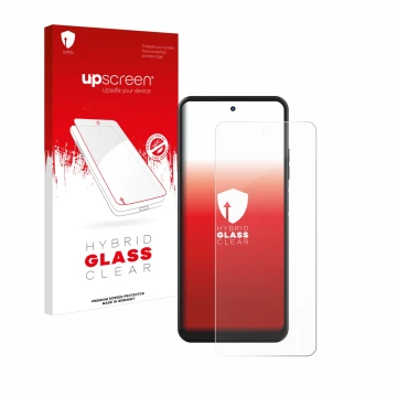 Parte frontal de un envase de producto con el logotipo de la marca upscreen. Al lado se muestra el dispositivo Hotwav Note 12 