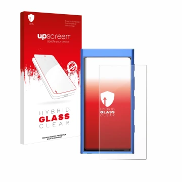 Parte frontal de un envase de producto con el logotipo de la marca upscreen. Al lado se muestra el dispositivo Hiby Digital M3