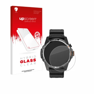 Parte frontal de un envase de producto con el logotipo de la marca upscreen. Al lado se muestra el dispositivo Mobvoi Ticwatch