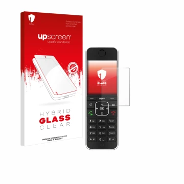Parte frontal de un envase de producto con el logotipo de la marca upscreen. Al lado se muestra el dispositivo AVM Fritz!Fon C