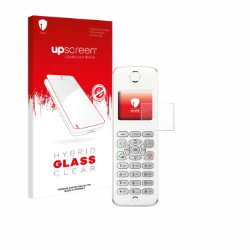 Parte frontal de un envase de producto con el logotipo de la marca upscreen. Al lado se muestra el dispositivo AVM Fritz!Fon M