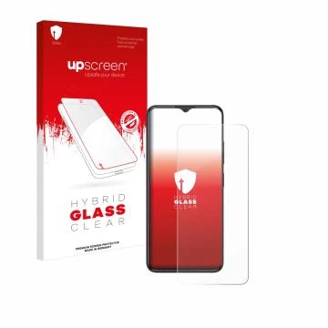 Parte frontal de un envase de producto con el logotipo de la marca upscreen. Al lado se muestra el dispositivo ZTE Blade A34 c