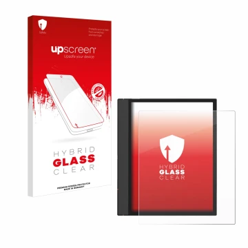 Parte frontal de un envase de producto con el logotipo de la marca upscreen. Al lado se muestra el dispositivo Boox Note Air 4