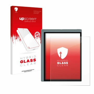 Parte frontal de un envase de producto con el logotipo de la marca upscreen. Al lado se muestra el dispositivo Bigme B1051C co