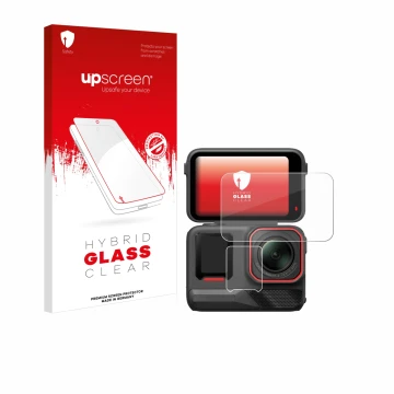 Parte frontal de un envase de producto con el logotipo de la marca upscreen. Al lado se muestra el dispositivo Insta360 Ace Pr