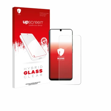 Parte frontal de un envase de producto con el logotipo de la marca upscreen. Al lado se muestra el dispositivo ZTE Blade A35 c