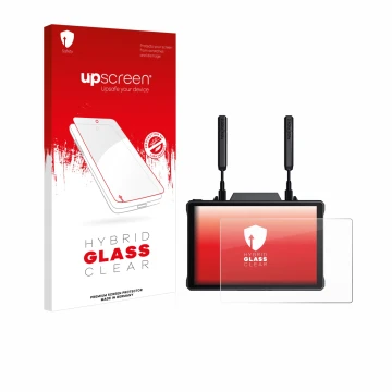 Parte frontal de un envase de producto con el logotipo de la marca upscreen. Al lado se muestra el dispositivo Hollyland Pyro 