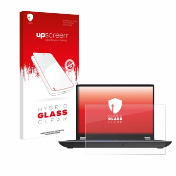 Parte frontal de un envase de producto con el logotipo de la marca upscreen. Al lado se muestra el dispositivo Lenovo ThinkPad