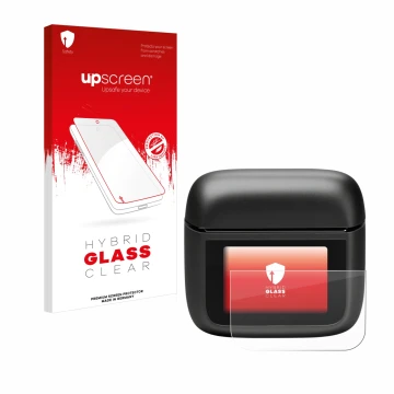 Parte frontal de un envase de producto con el logotipo de la marca upscreen. Al lado se muestra el dispositivo JBL Tour Pro 3 