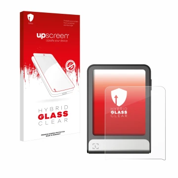 Parte frontal de un envase de producto con el logotipo de la marca upscreen. Al lado se muestra el dispositivo Ledger Flex con