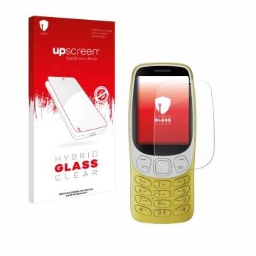 Parte frontal de un envase de producto con el logotipo de la marca upscreen. Al lado se muestra el dispositivo Nokia 3210 con 