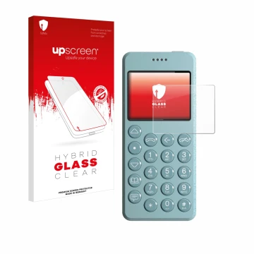 Parte frontal de un envase de producto con el logotipo de la marca upscreen. Al lado se muestra el dispositivo Punkt MP02 con 