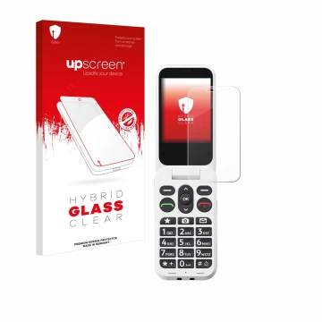 Parte frontal de un envase de producto con el logotipo de la marca upscreen. Al lado se muestra el dispositivo Doro Leva L30 c