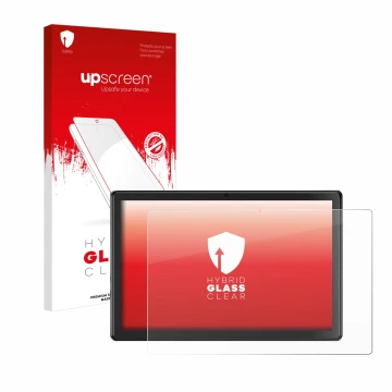 Parte frontal de un envase de producto con el logotipo de la marca upscreen. Al lado se muestra el dispositivo SGIN T10P 10.1
