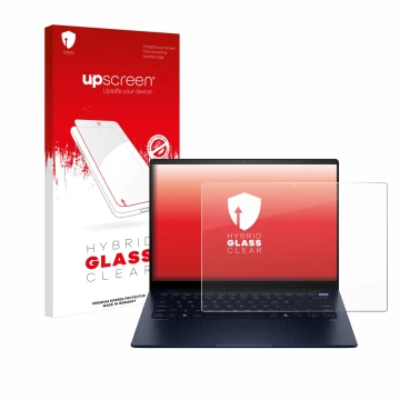 Parte frontal de un envase de producto con el logotipo de la marca upscreen. Al lado se muestra el dispositivo HP EliteBook Ul
