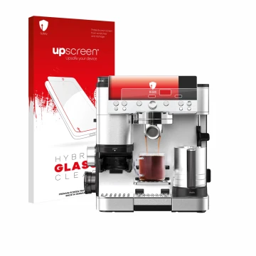 Parte frontal de un envase de producto con el logotipo de la marca upscreen. Al lado se muestra el dispositivo Ninja Luxe Cafe