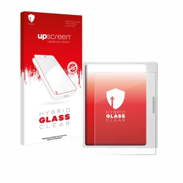 Parte frontal de un envase de producto con el logotipo de la marca upscreen. Al lado se muestra el dispositivo Boox Go Color 7