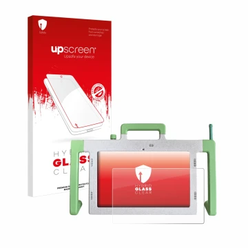 Parte frontal de un envase de producto con el logotipo de la marca upscreen. Al lado se muestra el dispositivo Telemarie Table