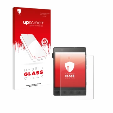 Parte frontal de un envase de producto con el logotipo de la marca upscreen. Al lado se muestra el dispositivo Light Phone 3 c