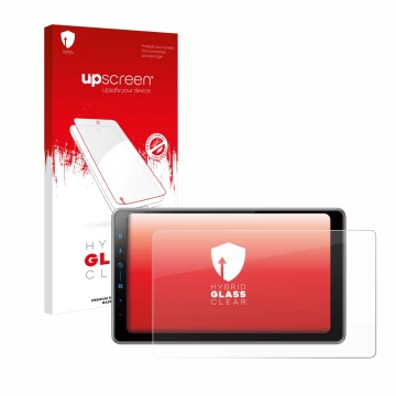Parte frontal de un envase de producto con el logotipo de la marca upscreen. Al lado se muestra el dispositivo Pioneer SPH-DA9