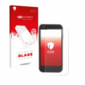 Parte frontal de un envase de producto con el logotipo de la marca upscreen. Al lado se muestra el dispositivo Soyes XS12 con 
