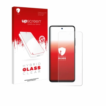 Parte frontal de un envase de producto con el logotipo de la marca upscreen. Al lado se muestra el dispositivo ZTE Blade A75 4