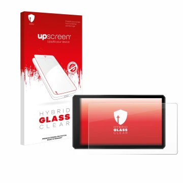 Parte frontal de un envase de producto con el logotipo de la marca upscreen. Al lado se muestra el dispositivo Garmin Tread 2 