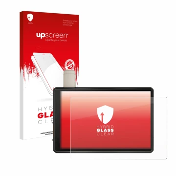 Parte frontal de un envase de producto con el logotipo de la marca upscreen. Al lado se muestra el dispositivo Garmin Tread XL