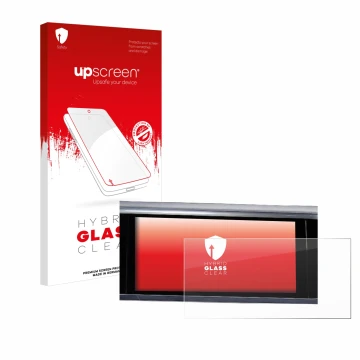 Parte frontal de un envase de producto con el logotipo de la marca upscreen. Al lado se muestra el dispositivo Audi Q3 Sportba