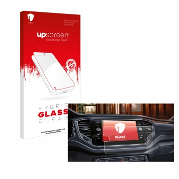 Parte frontal de un envase de producto con el logotipo de la marca upscreen. Al lado se muestra el dispositivo Volkswagen Tour