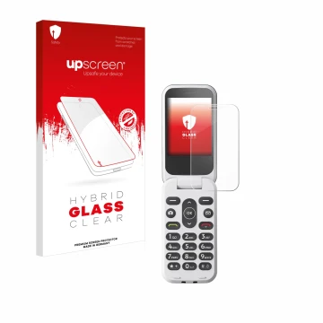 Parte frontal de un envase de producto con el logotipo de la marca upscreen. Al lado se muestra el dispositivo Doro 2820 con s