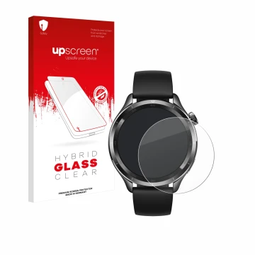Parte frontal de un envase de producto con el logotipo de la marca upscreen. Al lado se muestra el dispositivo Xiaomi Watch S4