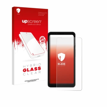 Parte frontal de un envase de producto con el logotipo de la marca upscreen. Al lado se muestra el dispositivo Bigme Hibreak E