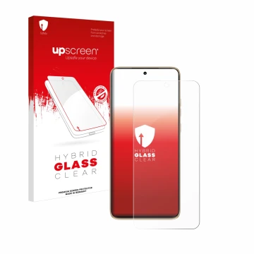 Parte frontal de un envase de producto con el logotipo de la marca upscreen. Al lado se muestra el dispositivo Motorola Edge 5