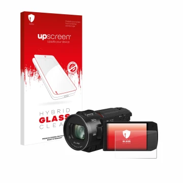 Parte frontal de un envase de producto con el logotipo de la marca upscreen. Al lado se muestra el dispositivo Panasonic HC-VX