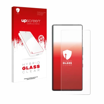Parte frontal de un envase de producto con el logotipo de la marca upscreen. Al lado se muestra el dispositivo ZTE Nubia Red M