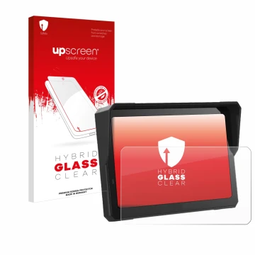 Parte frontal de un envase de producto con el logotipo de la marca upscreen. Al lado se muestra el dispositivo Carpuride W702 