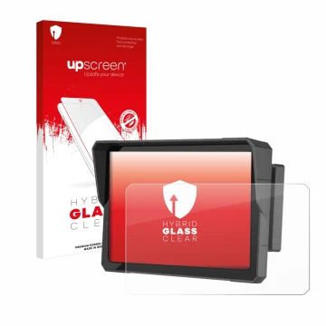 Parte frontal de un envase de producto con el logotipo de la marca upscreen. Al lado se muestra el dispositivo Carpuride W702B