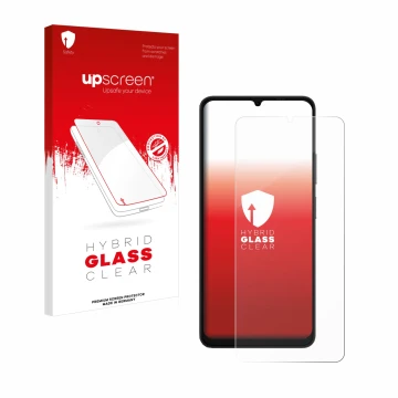 Parte frontal de un envase de producto con el logotipo de la marca upscreen. Al lado se muestra el dispositivo Ulefone Note 20