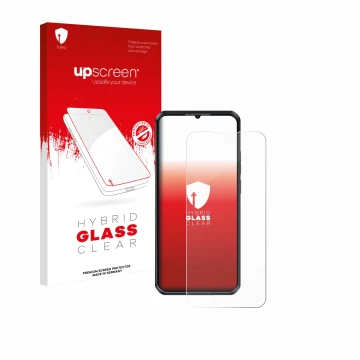 Parte frontal de un envase de producto con el logotipo de la marca upscreen. Al lado se muestra el dispositivo Oukitel WP52 co