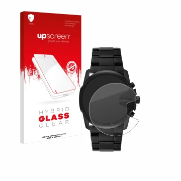 Parte frontal de un envase de producto con el logotipo de la marca upscreen. Al lado se muestra el dispositivo Diesel Master C