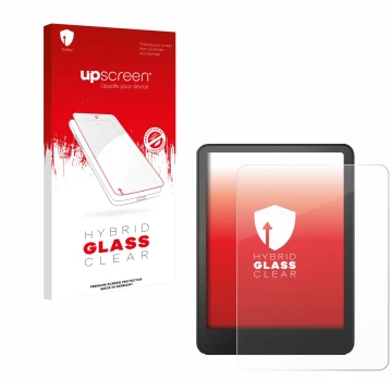 Parte frontal de un envase de producto con el logotipo de la marca upscreen. Al lado se muestra el dispositivo Amazon Kindle P