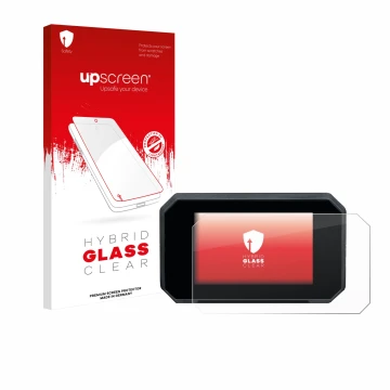 Parte frontal de un envase de producto con el logotipo de la marca upscreen. Al lado se muestra el dispositivo Suzuki GSX-8S 2