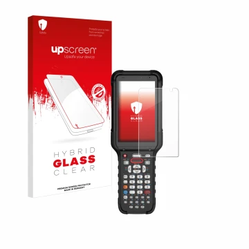 Parte frontal de un envase de producto con el logotipo de la marca upscreen. Al lado se muestra el dispositivo Honeywell CK67 