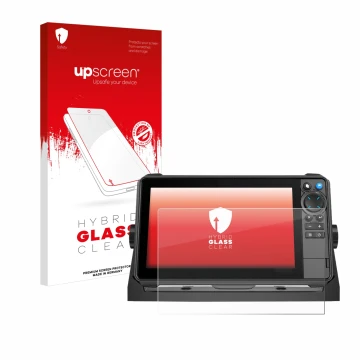 Parte frontal de un envase de producto con el logotipo de la marca upscreen. Al lado se muestra el dispositivo Lowrance HDS-9 