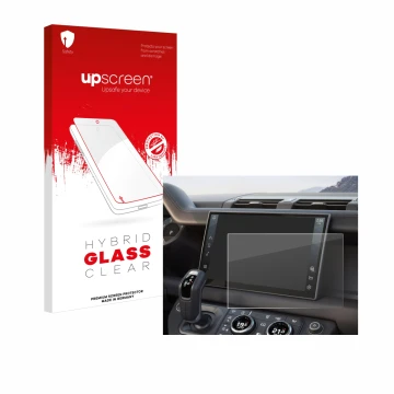 Parte frontal de un envase de producto con el logotipo de la marca upscreen. Al lado se muestra el dispositivo Land Rover Defe