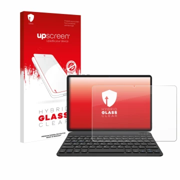 Parte frontal de un envase de producto con el logotipo de la marca upscreen. Al lado se muestra el dispositivo BESTTAB A20 con
