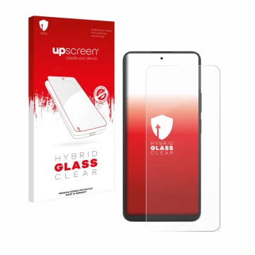 Parte frontal de un envase de producto con el logotipo de la marca upscreen. Al lado se muestra el dispositivo Blackview Shark